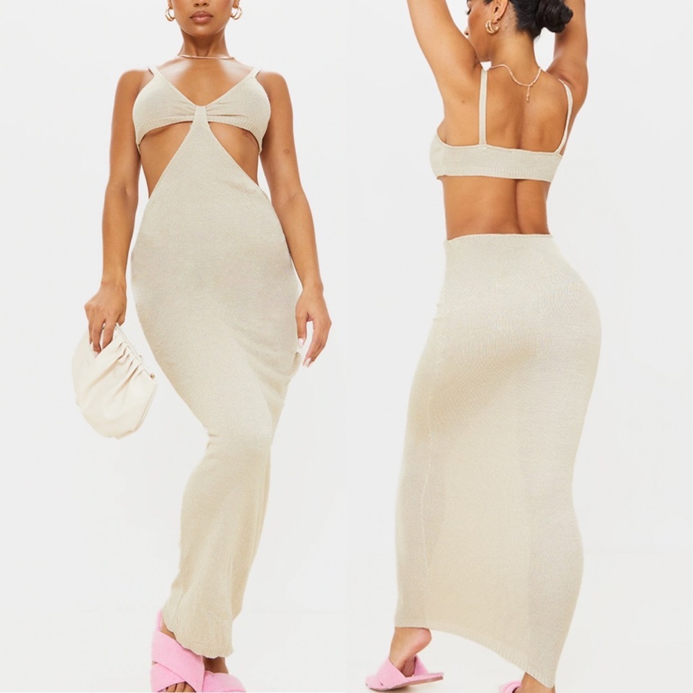 🆕 PRETTY LITTLE THING Stone Sheer Knit Cut Out Maxi Dress